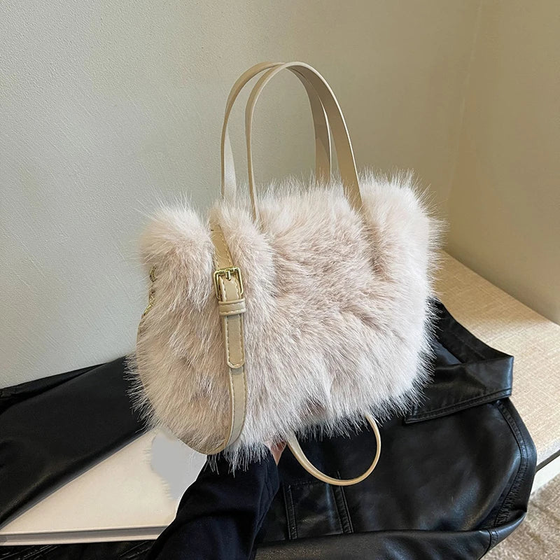 Faux Fur Tote Bag Women's | Bucket Plush Luxury Design Ladies Handbags & Soft Winter Crossbody Shoulder Bags (Bolsa Feminina)