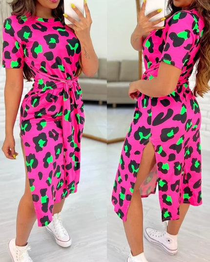 White Leopard Print Dress Tied Detail Slit Side Split Dress