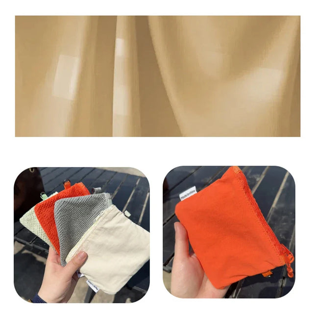 Orange, gray, and beige mesh coin purses, card holders, and travel makeup bags