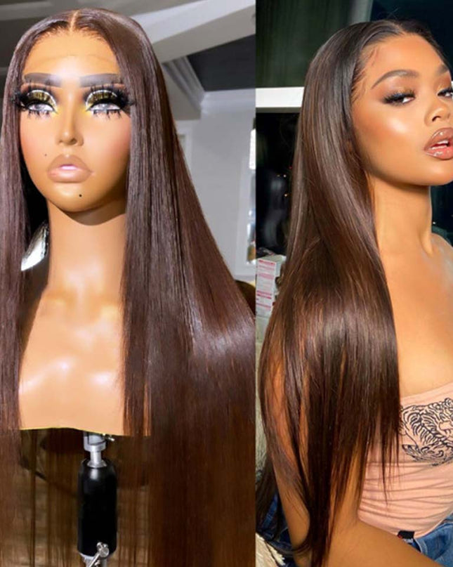 Chocolate Brown Bone Straight Human Hair Bundles with 4x4 Lace Closure Frontal Remy Brazilian Hair Weave Bundles with Closure