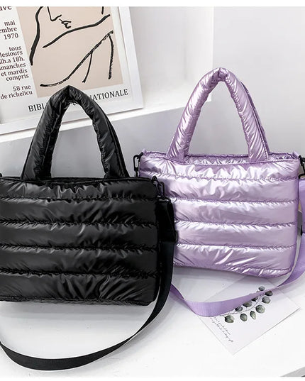 Puffer Tote Bags: Black & Purple Quilted Handbags for Women | Lightweight Shoulder & Crossbody Bags