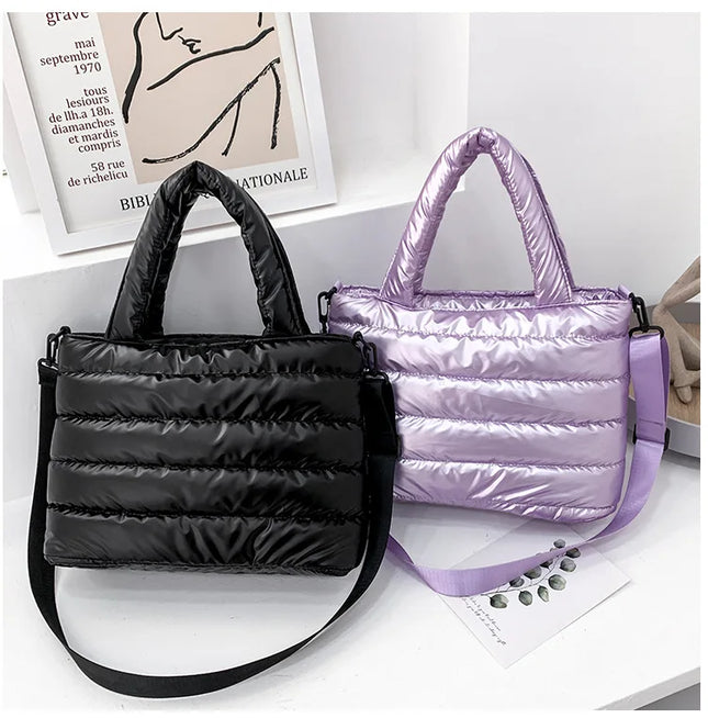 Puffer Tote Bags: Black & Purple Quilted Handbags for Women | Lightweight Shoulder & Crossbody Bags