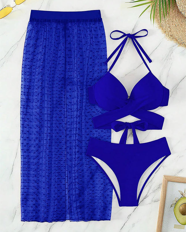 Sensual  Three Pieces Bikini with Mesh Skirt Three Pieces Swimsuit | ZAKAPOP