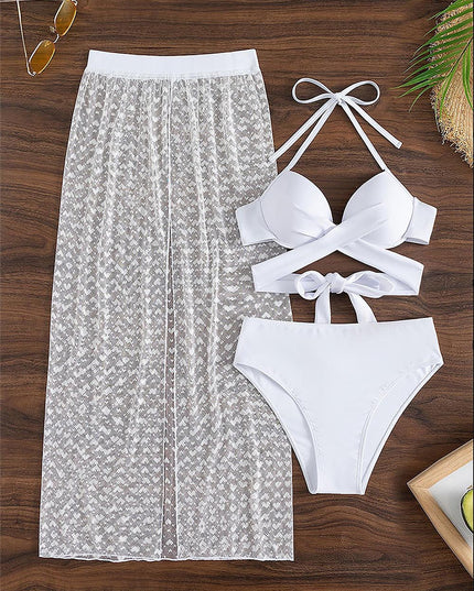 Sensual  Three Pieces Bikini with Mesh Skirt Three Pieces Swimsuit | ZAKAPOP