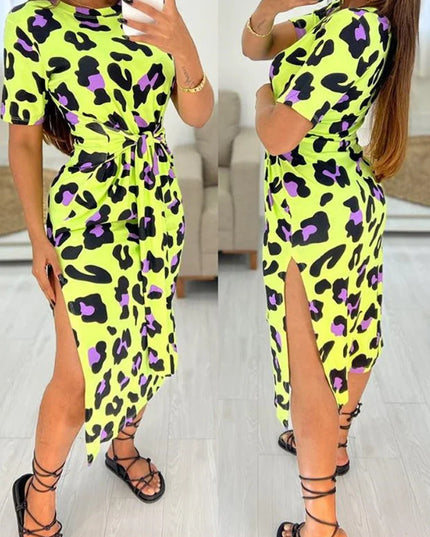 White Leopard Print Dress Tied Detail Slit Side Split Dress