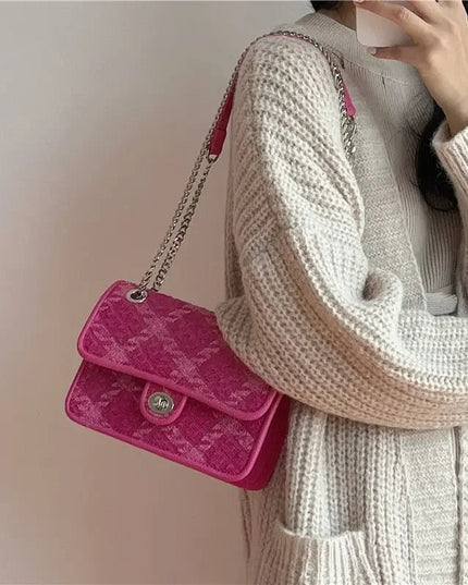 Rose Pink Women Lock Shoulder Bags Luxury Plaid Ladies Small Square Crossbody Bag Fashion Design Female Clutch Purse Handbags