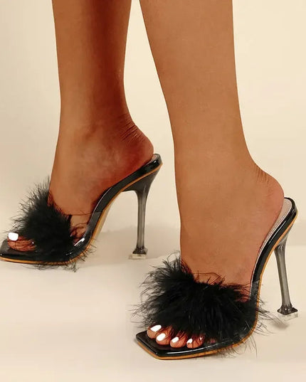 Women Rabbit White Fur Clear PVC Slippers Square Toe Stilettos Slides Transparent Crystal High Heels Sandals Mules Glass Heels