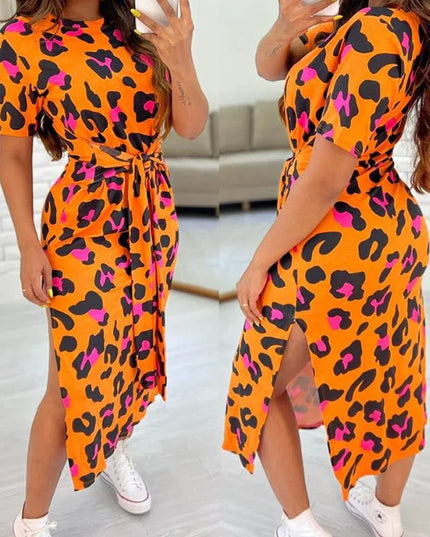 White Leopard Print Dress Tied Detail Slit Side Split Dress