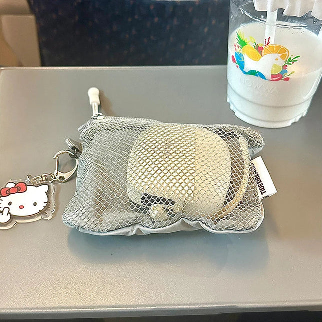 Hello Kitty charm on a mesh travel makeup bag, coin purse, mini bag with a drink