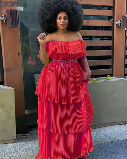 Plus Size Solid Color Off Shoulder Tiered Dress