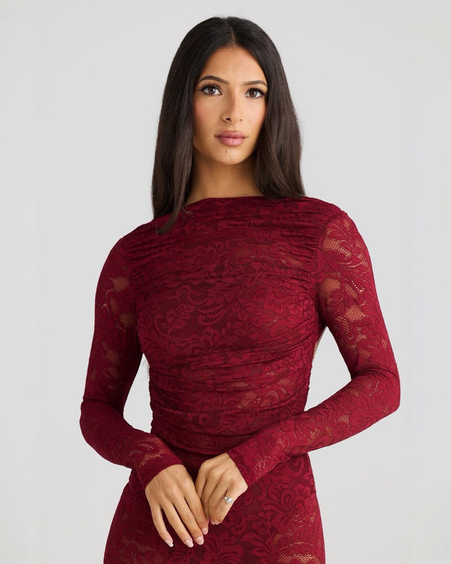 Stella Lace Backless Sculpting Ruched Burgundy Maxi Dress