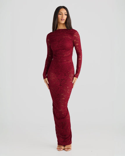 Stella Lace Backless Sculpting Ruched Burgundy Maxi Dress