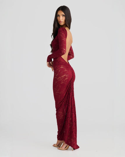 Stella Lace Backless Sculpting Ruched Burgundy Maxi Dress