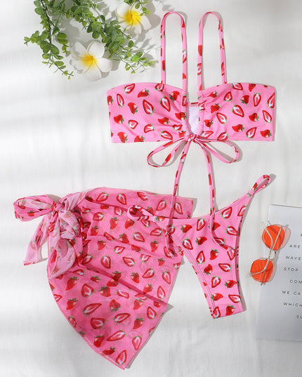 Three-Piece Strawberry Pattern Gauze Bikini | ZAKAPOP