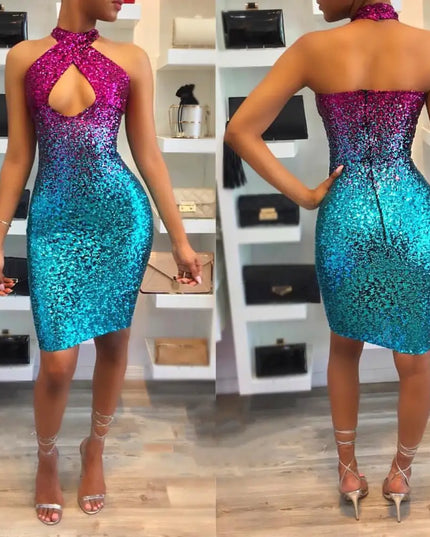 Gradient Sequin Halter Backless Dress for Women