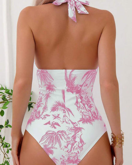 Tropical Print Halter One Piece Swimsuit | ZAKAPOP