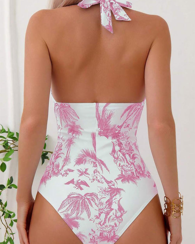 Tropical Print Halter One Piece Swimsuit | ZAKAPOP
