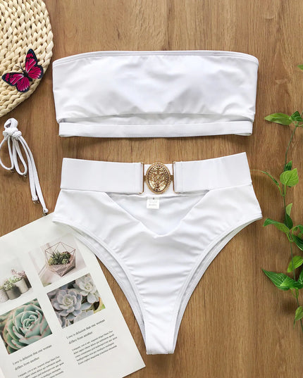 Chic Metal Buckle Strapless Bikini Swimsuit for Women