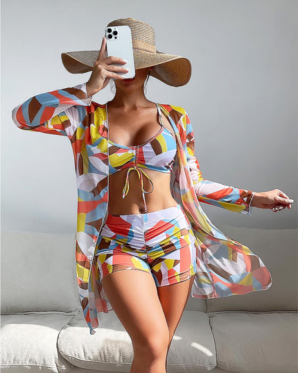 Women's Geometric Print Three-Piece Set Swimsuit with Long-Sleeve Hoodie | ZAKAPOP