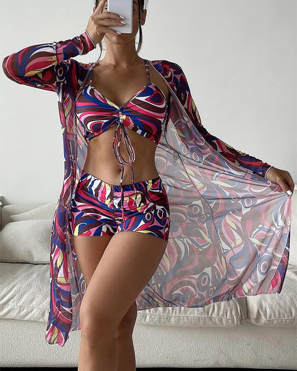 Women's Geometric Print Three-Piece Set Swimsuit with Long-Sleeve Hoodie | ZAKAPOP
