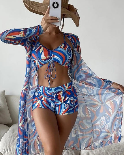 Women's Geometric Print Three-Piece Set Swimsuit with Long-Sleeve Hoodie | ZAKAPOP