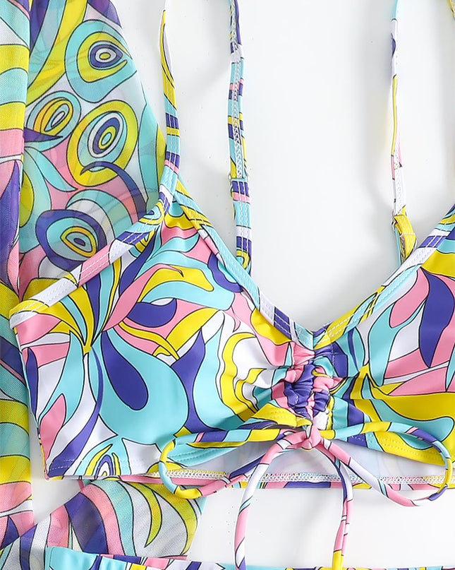 Women's Geometric Print Three-Piece Set Swimsuit with Long-Sleeve Hoodie | ZAKAPOP