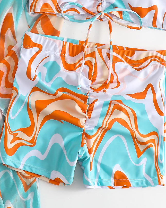 Women's Geometric Print Three-Piece Set Swimsuit with Long-Sleeve Hoodie | ZAKAPOP