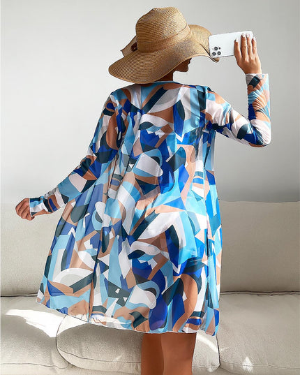 Women's Geometric Print Three-Piece Set Swimsuit with Long-Sleeve Hoodie | ZAKAPOP