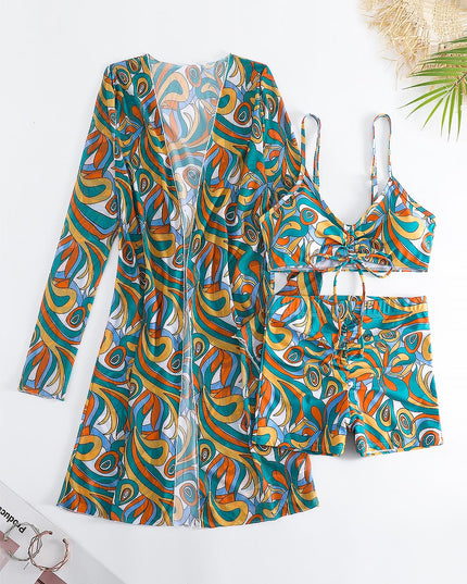 Women's Geometric Print Three-Piece Set Swimsuit with Long-Sleeve Hoodie | ZAKAPOP
