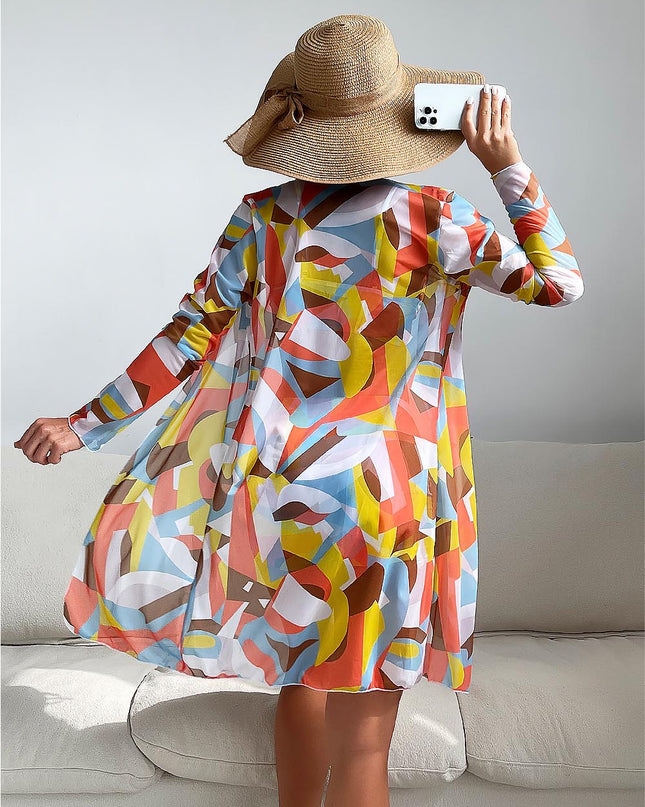 Women's Geometric Print Three-Piece Set Swimsuit with Long-Sleeve Hoodie | ZAKAPOP