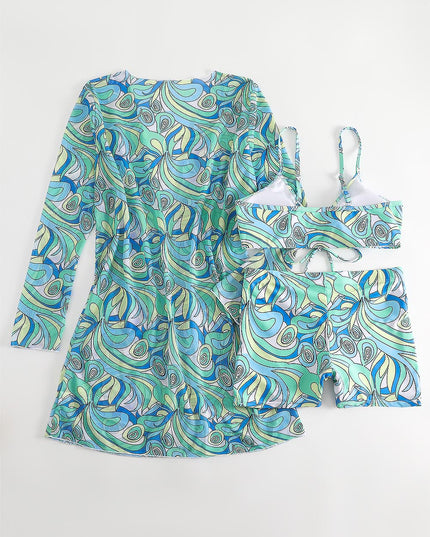 Women's Geometric Print Three-Piece Set Swimsuit with Long-Sleeve Hoodie | ZAKAPOP