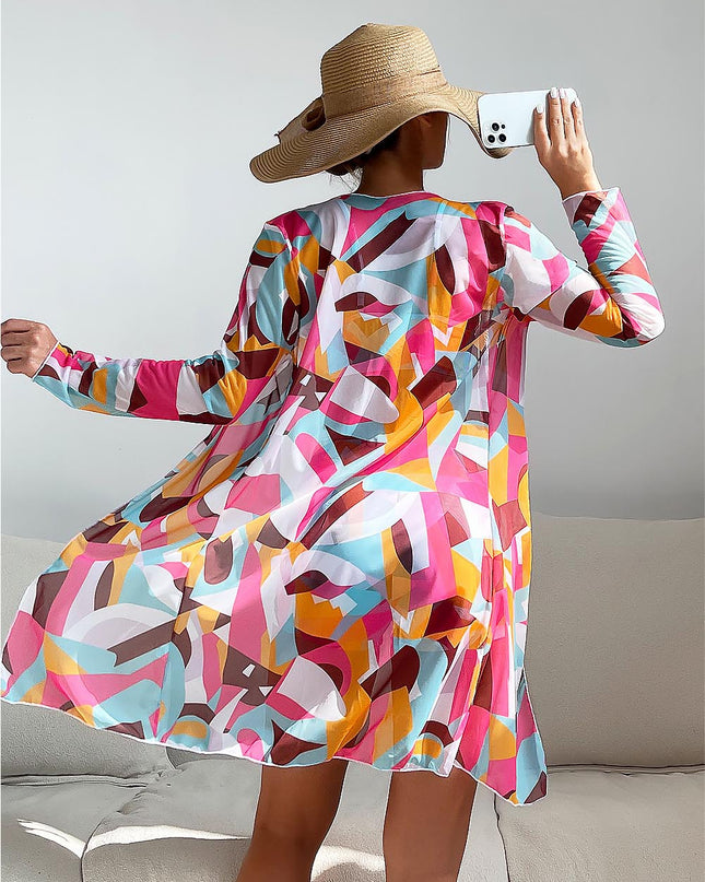 Women's Geometric Print Three-Piece Set Swimsuit with Long-Sleeve Hoodie | ZAKAPOP