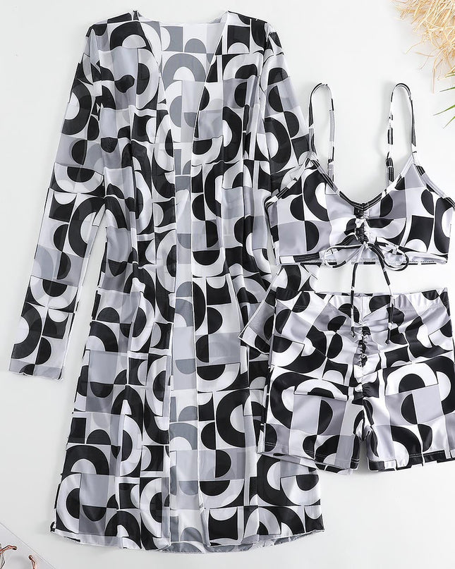 Women's Geometric Print Three-Piece Set Swimsuit with Long-Sleeve Hoodie | ZAKAPOP