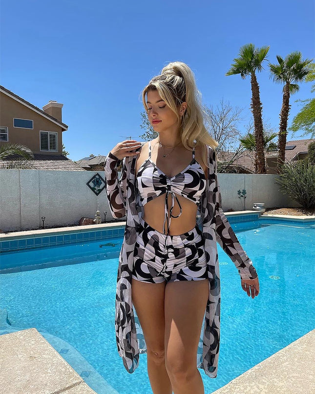 Women's Geometric Print Three-Piece Set Swimsuit with Long-Sleeve Hoodie | ZAKAPOP