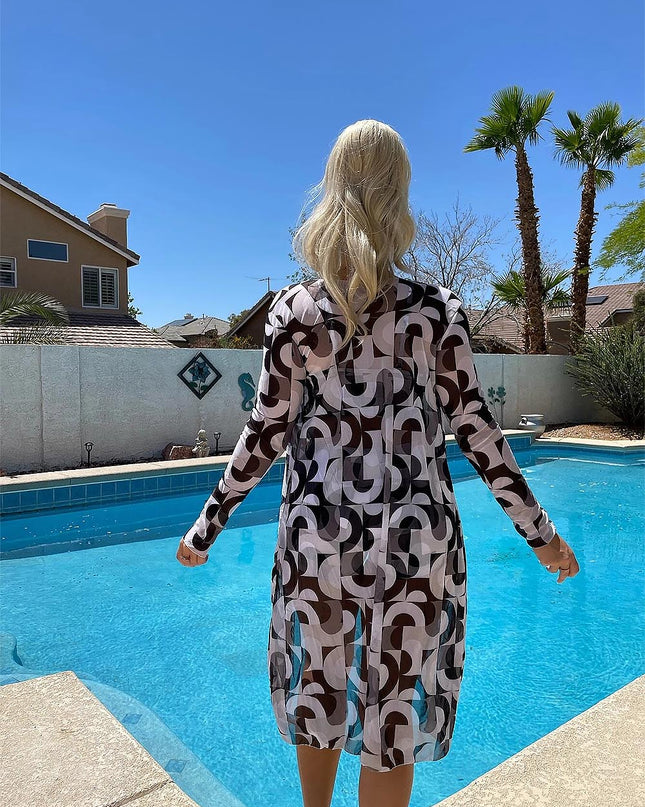 Women's Geometric Print Three-Piece Set Swimsuit with Long-Sleeve Hoodie | ZAKAPOP