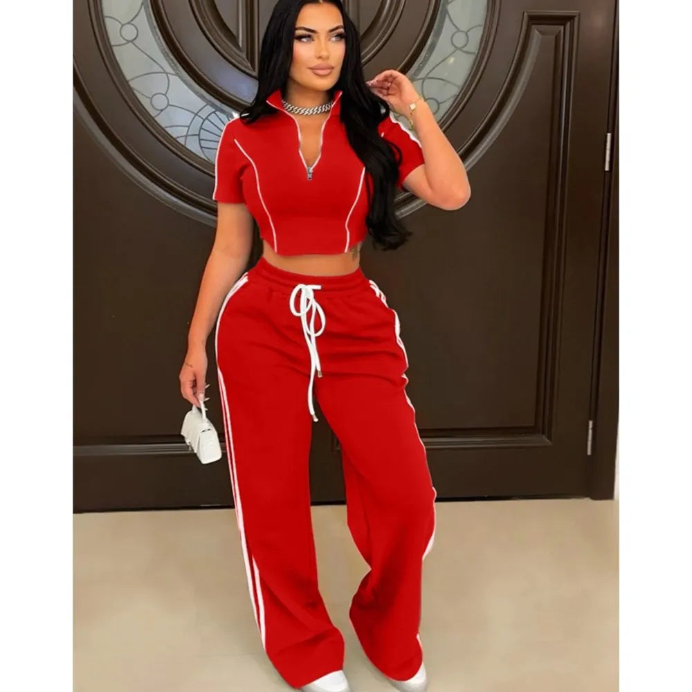 Red Two-Piece Tracksuit: Crop Top & Long Pants - Women's Fashion | Pretty Melanin Boutique