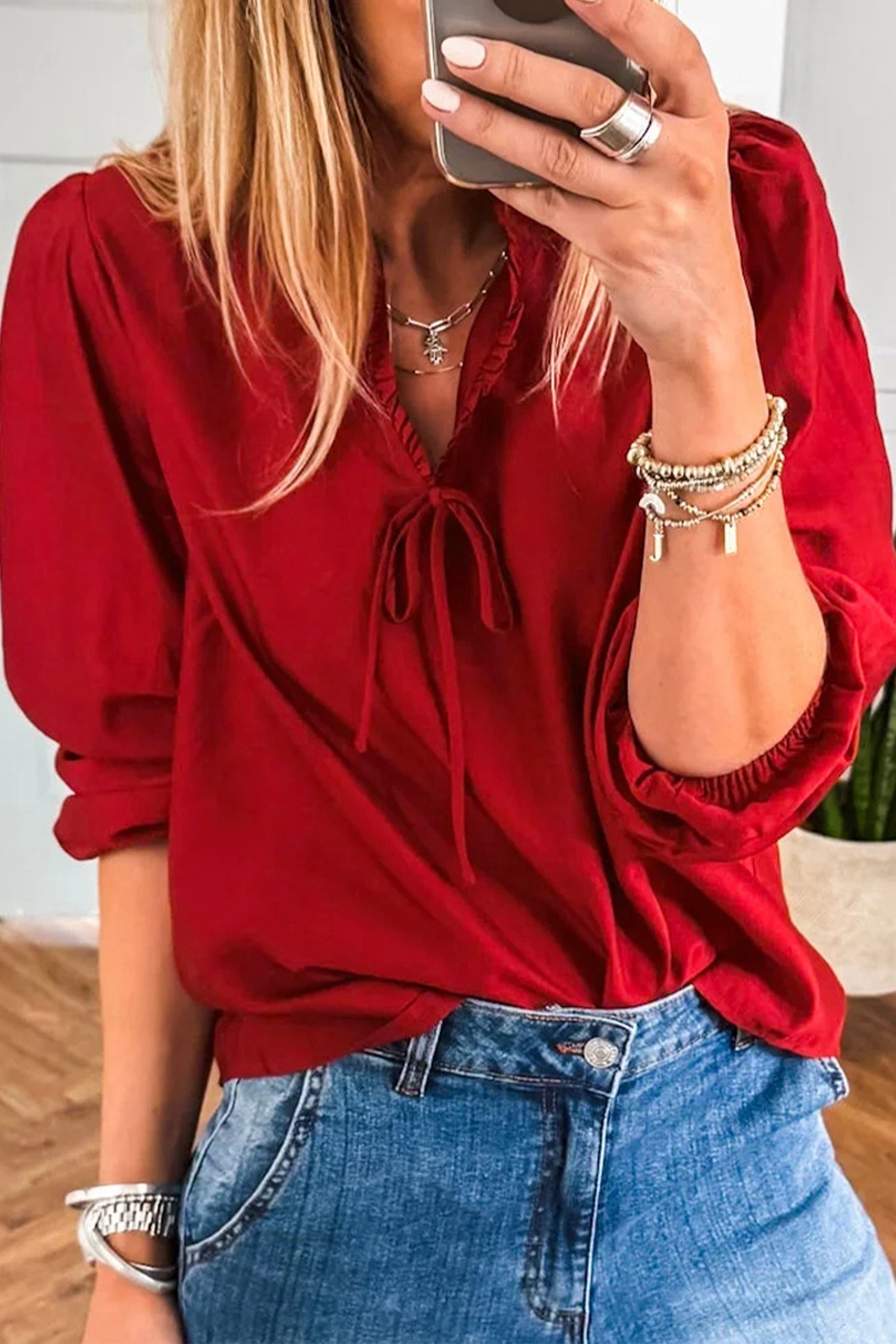 Red V-neck Blouse with Frilled Trim and Bow Detail. 3/4 Sleeves. Elegant and Stylish Top for Women.