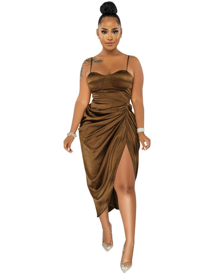 Fashion Solid Color Women's Sling Wrap Chest Ruched Slit Dress