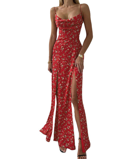 Women's Printed High Waist Slit Off-neck Dress