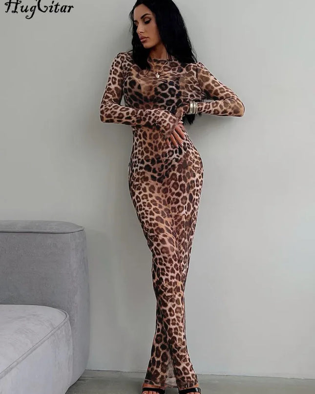 Hugcitar Leopard Print Mesh Long Sleeve Sexy Slim  See Through Maxi Dress Fall Women Fashion Outfits Beach Vacation Club