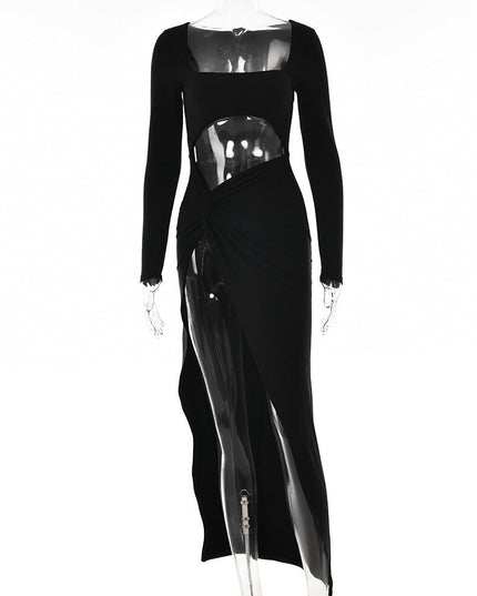 Womens Clothing Long Sleeve Dress Fashion Hollow U-neck Split Dress Party Wedding
