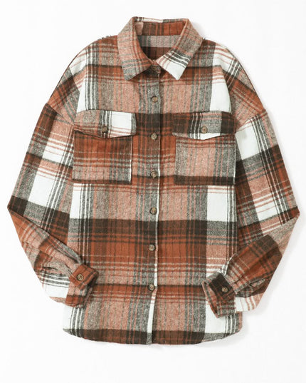 Gold Flame Grey Plaid Button Up Collared Flannel Shacket