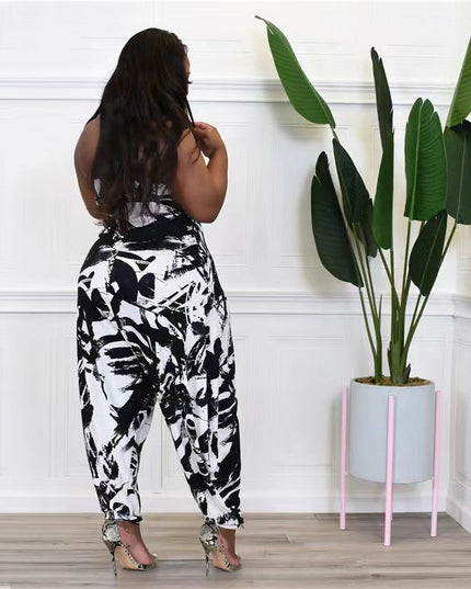 Plus Size Women's Halter Loose Lantern Sleeveless Print Jumpsuit