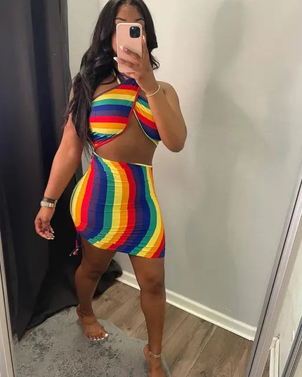 Sexy Rainbow Tie Dye Halter Bodycon Mini Dress for Women