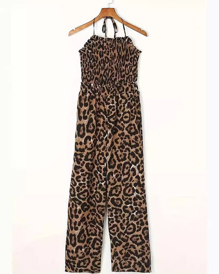 Women's Leopard Print Halter Backless Jumpsuit