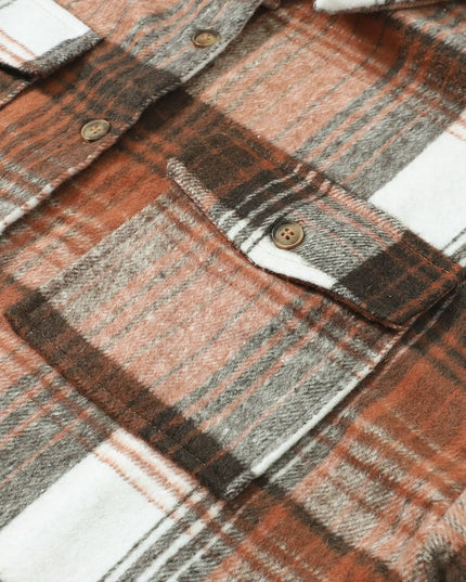 Gold Flame Grey Plaid Button Up Collared Flannel Shacket