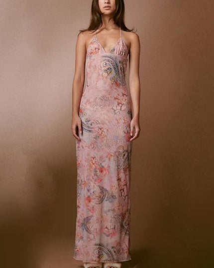 Floral Print Halter Spaghetti Straps Dress Sexy Slim Butterfly Back Dressess Spring Summer Womens Clothing