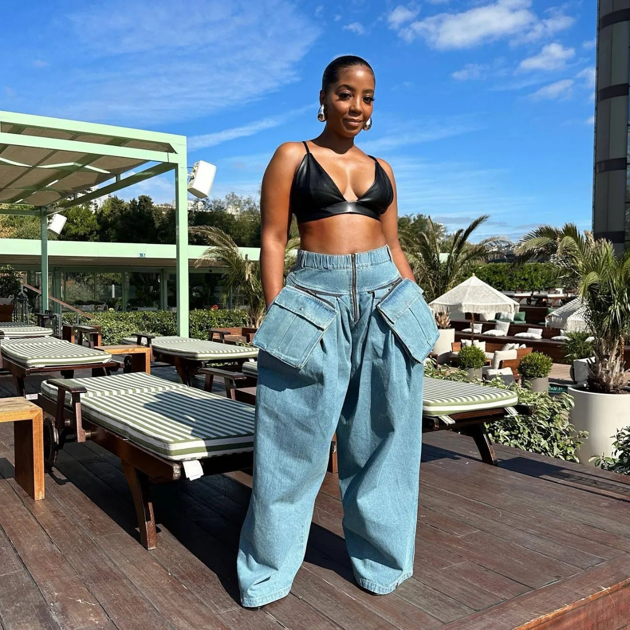 Stylish Black Woman in Y2K Denim Two Piece Pant Set: Streetwear Fashion, Jacket & Pants, Elegant Matching Set, Trendy Style