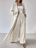 Contrast Trim Cardigan And Pants Set Two Piece Polyester Imported