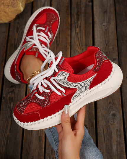 White Rhinestone PU Leather Platform Casual Sneakers